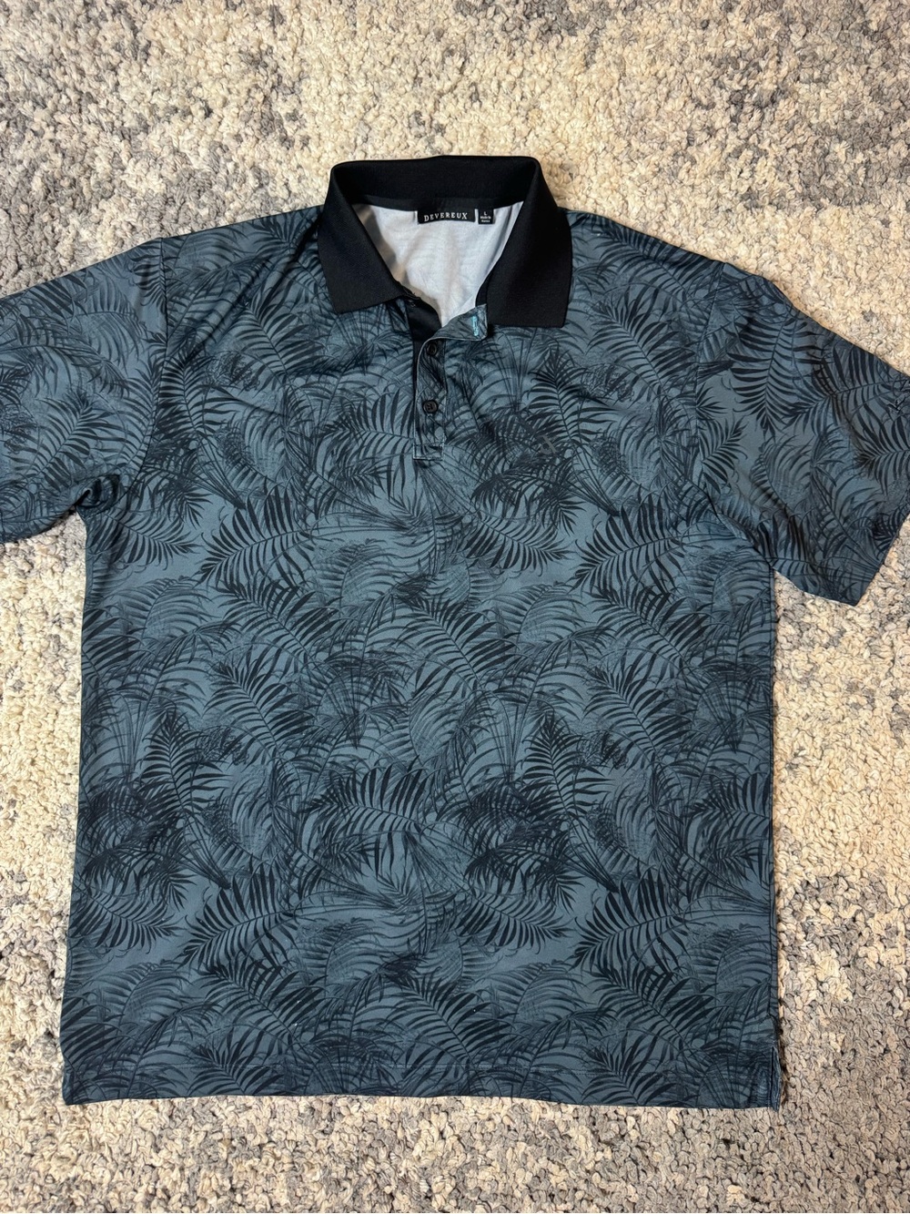 Devereux, Men’s Leaf-Print Polo in Blue with Black Collar, Golf Polo, L